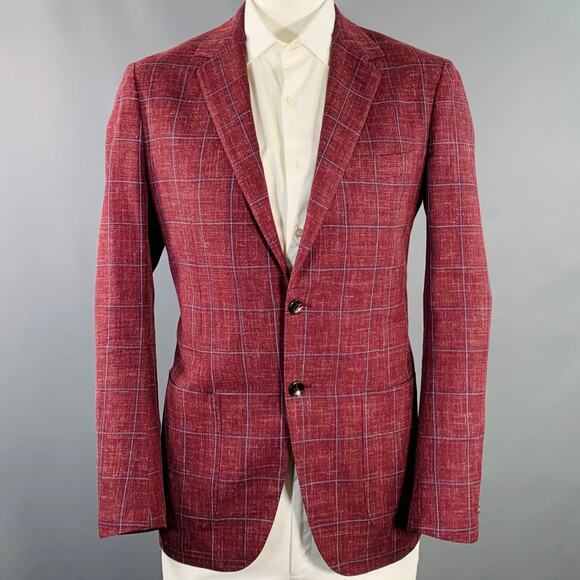 SARTORIO Size 44 Regular Burgundy Windowpane Wool Linen Silk Sport Coat - Picture 1 of 10